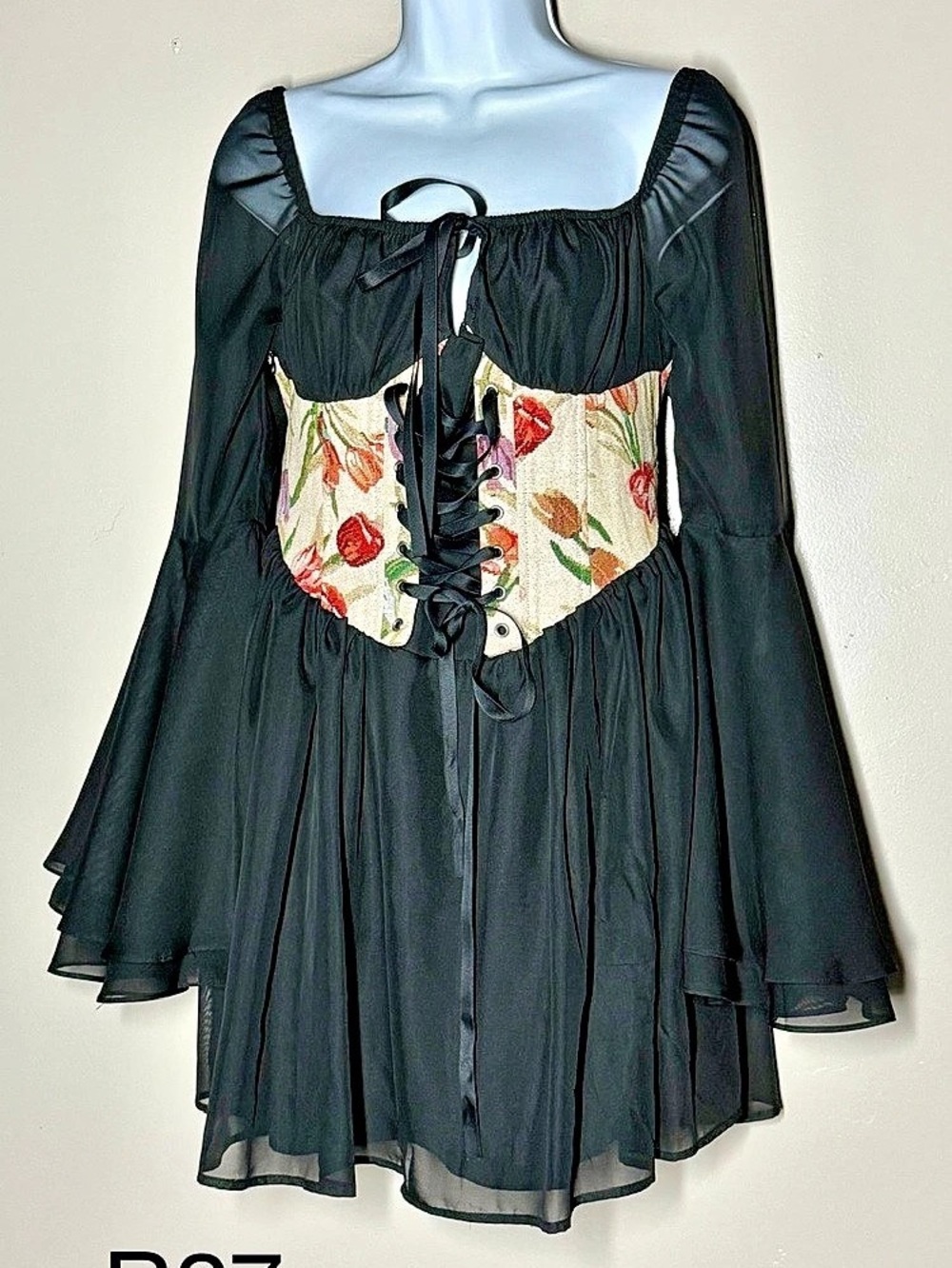 Black Cottagecore Corset Mini Dress with Floral Tapestry & Bell Sleeves